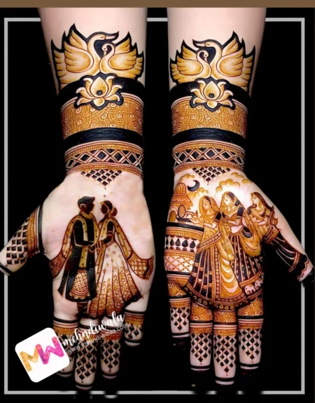 Madhubani-Figures, Bird, Lotus,Karwa Chauth Design