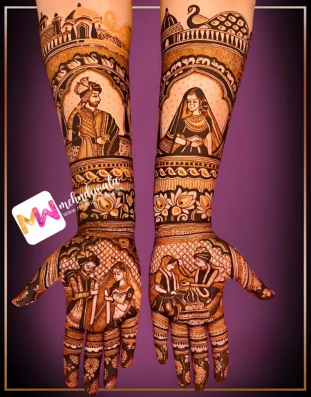 Madhubani-Figure BrideGroom, Mahal, Peacock, Flowers, Design