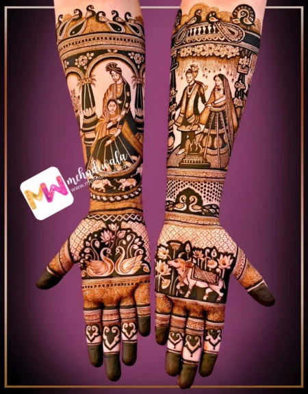 Madhubani-Figure BrideGroom, Peacocks, Flowers, Hans, Cow, Design