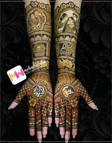 Madhubani-Figure BrideGroom, MomDad, Flowers, Dhol Shehnai, Design