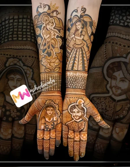 Madhubani-Figure BrideGroom, RadhaKrishna, Peacock, Flowers, Design