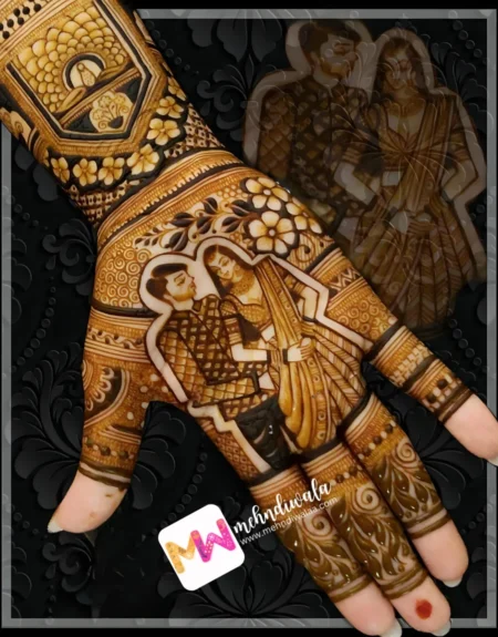 Madhubani- Figure Couple, Flowers, Leaves, Design
