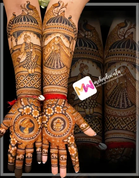 Madhubani- Figure BrideGroom, Peacock, Chhatri, Flowers, Kalash, Dholshehnai, Design