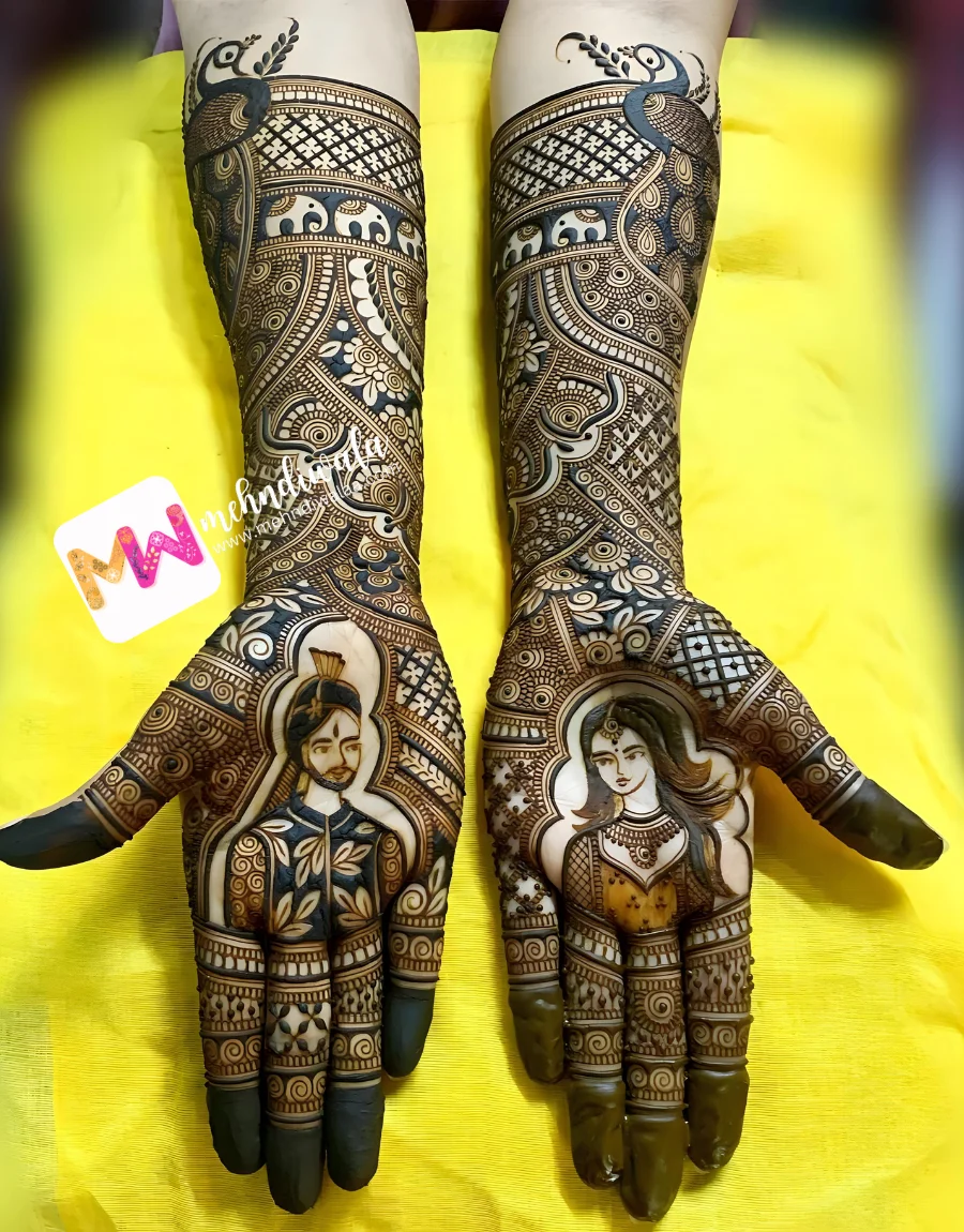 premium-3d-bride-groom-peacock-elephant-figure-bridal-mehndi Exclusive figure bridal mehndi service by Mehndi Wala featuring organic 3D bride groom design for weddings nationwide