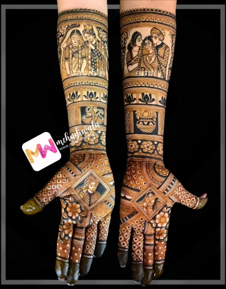 Madhubani- Figure BrideGroom, Bride Parents, Dhol, shehnai, Kalash, Flowers, Design