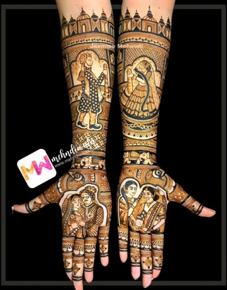 Rajwada-Madhubani- Figure BrideGroom,Bridal Parents, Mahal with Chhatri, Elephant, Peacock, Desig