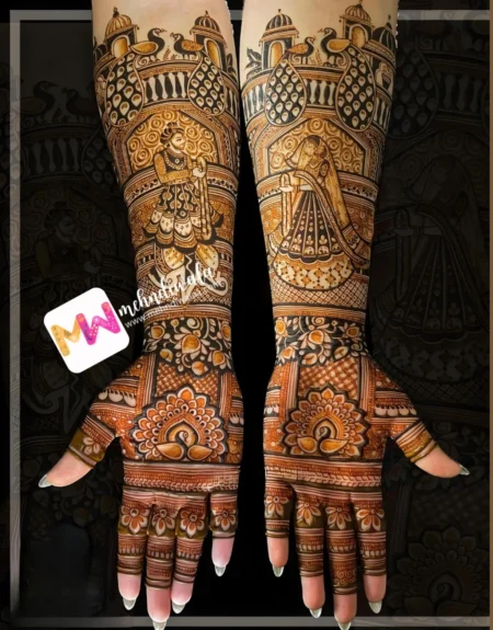 Madhubani- Figure BrideGroom, peacock, Mahal of chhatri, Flowers, Design
