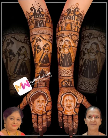 Madhubani Potrait- Figure BrideGroom,Peacock, Chhatri, Hawankund, Flowers, Design