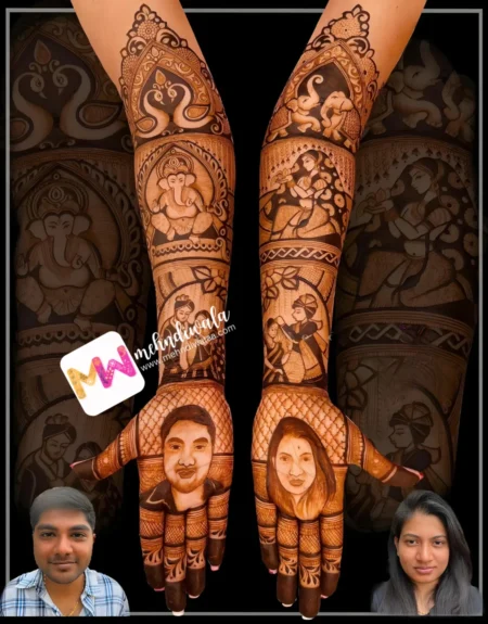 Potrait-Madhubani-, Figure BrideGroom, Ganesha ji, Peacock, Elephant, Flowers Leaves, Design