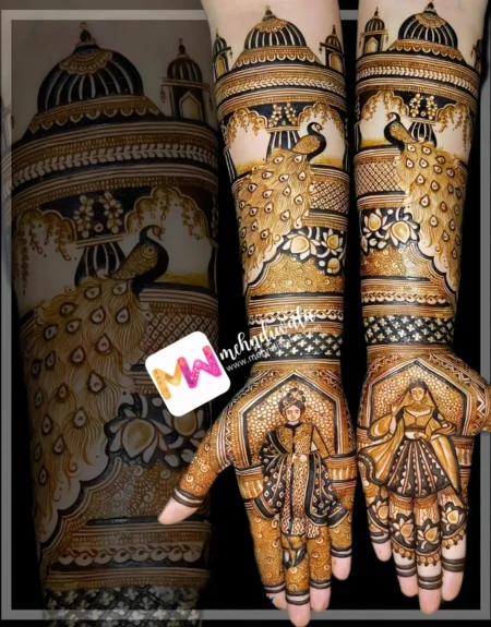 Madhubani- Figure BrideGroom, Mahal chhatri, Peacock, Flowers, Checks , Leaves, Design