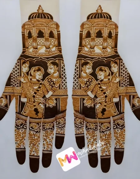 Madhubani- Figure Bridal and sister, Mahal Chhatri, Leaves, Design