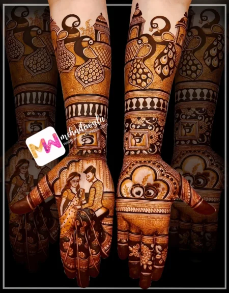 Madhubani- Figure Couple, Rings, Peacock, Chhatri, Flowers, Leaves, Design