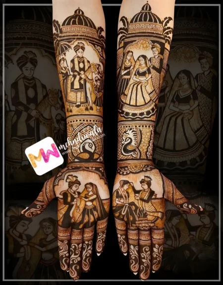 Madhubani- Figure BrideGroom, Bridal Mom Dad, Horse, Chhatri, Peacock, Leaves, Design.