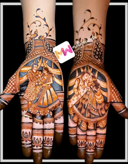 Madhubani- Figure Husband Wife, Peacock, Lotus, Design