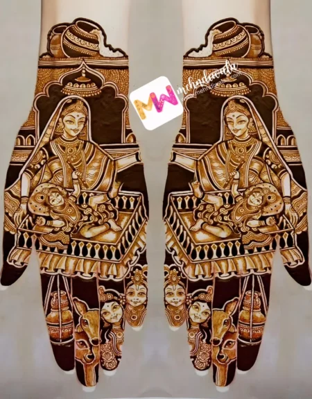 Madhubani- Figure Baby Krishna With Mother, Matki with Makhan, cow, Design