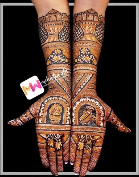 Madhubani- Peacock, Chhatri, Kalash, Dholshehnai, Flowers, Leaves, Design