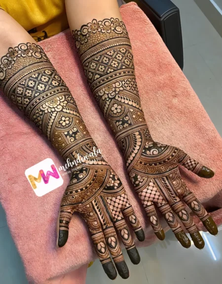 Premium 3D flowers checks leaves bridal mehndi design by best bridal mehndi artist in India Mehndi Wala