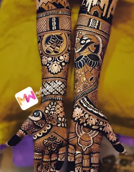 Madhubani- Mahal Minar, Mountain, Dholshehnai, Peacock, Flowers, Jhumki, Design