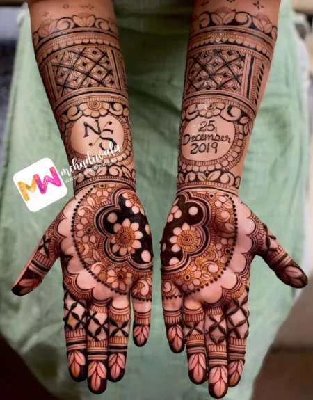 Premium bridal mehndi service by Mehndi Wala featuring 3D floral checks design applied at home in Delhi